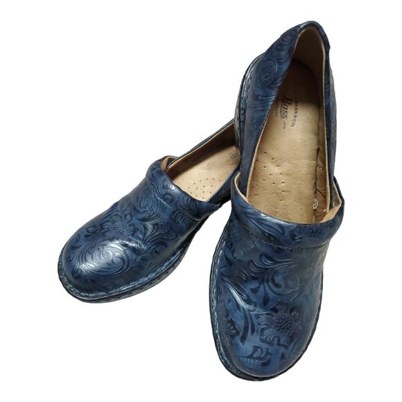 GH Bass & Co Womens Sheena Blue & Black Floral Embossed Tooled Clog Shoe Sz 9.5M - Picture 1 of 14